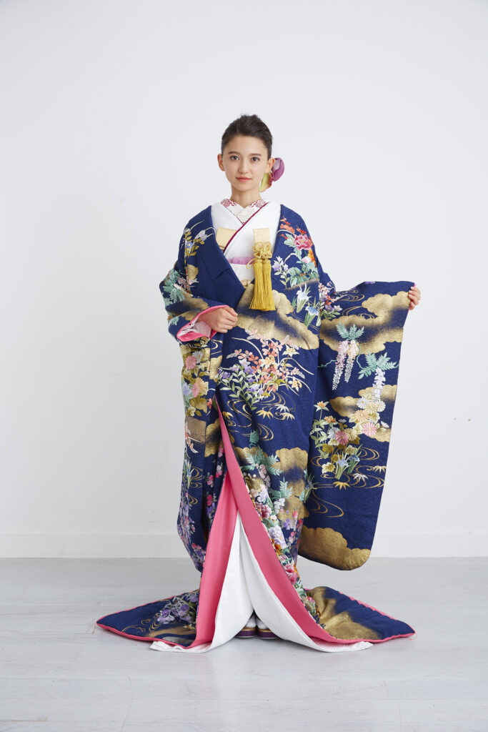 紺地四季草花文